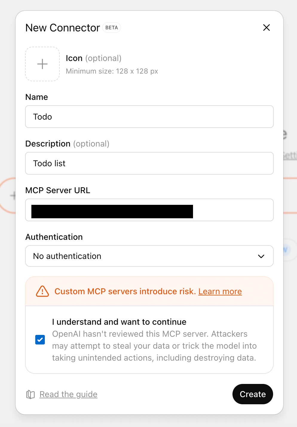 OpenAI’s example MCP connection dialog