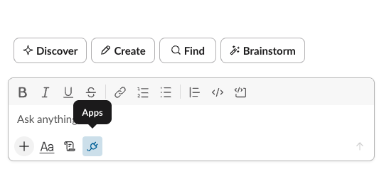 Slackbot toolbar with the Apps control highlighted